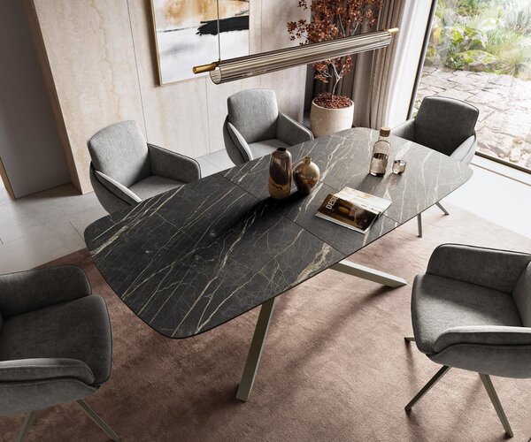 DELIFE Étkezőasztal Edge hajóformájú 180-220x100 cm Laminam® kerámia noir desir barna kereszt láb téglalap alakú titán színű effekt finish kihúzható