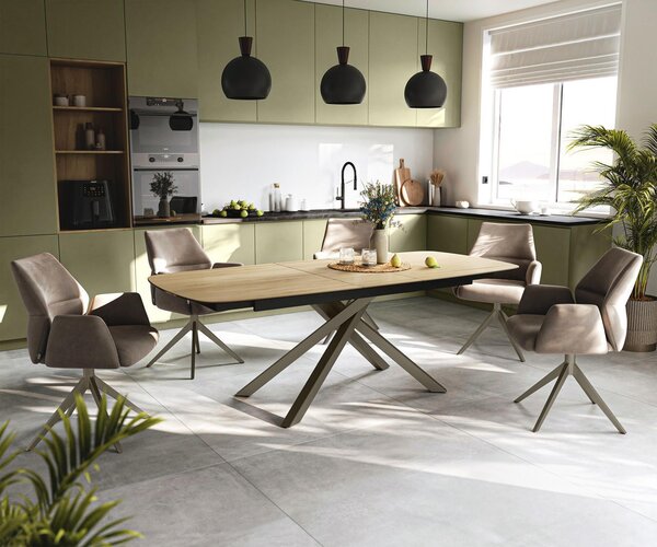 DELIFE Étkezőasztal Edge hajóformájú 180-220x100 cm Laminam® Sabbia kerámia tölgyszínű kereszt láb téglalap alakú Titán színű hatás bővíthető