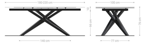 DELIFE Étkezőasztal Edge hajóformájú 180-220x100 cm Laminam® Sabbia kerámia tölgyszínű kereszt láb téglalap alakú Titán színű hatás bővíthető
