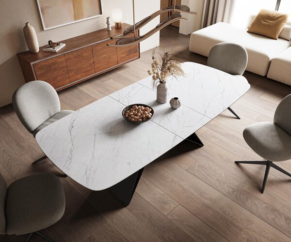 DELIFE Étkezőasztal Edge hajóformájú 180-220x100 cm Laminam® Statuarietto fehér kerámia V alakú láb laposacél fekete kihúzható