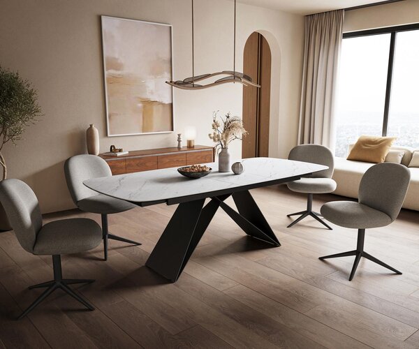 DELIFE Étkezőasztal Edge hajóformájú 180-220x100 cm Laminam® Statuarietto fehér kerámia V alakú láb laposacél fekete kihúzható