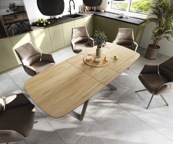 DELIFE Étkezőasztal Edge hajóformájú 180-220x100 cm Laminam® Sabbia kerámia tölgyszínű kereszt láb téglalap alakú Titán színű hatás bővíthető