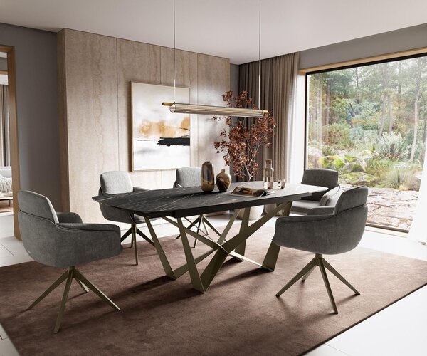 DELIFE Étkezőasztal Edge hajóformájú 180-220x100 cm Laminam® kerámia noir desir barna spider fém titán színű effekt finish kihúzható