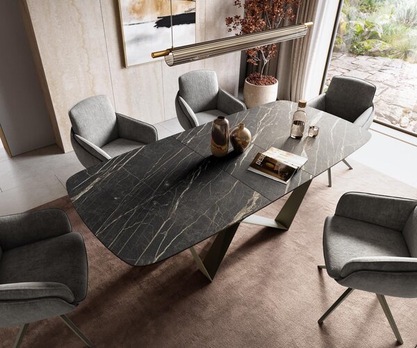 DELIFE Étkezőasztal Edge hajóformájú 180-220x100 cm Laminam® kerámia noir desir barna spider fém titán színű effekt finish kihúzható