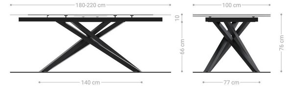 DELIFE Étkezőasztal Edge hajóformájú 180-220x100 cm Laminam® Statuarietto kerámia fehér kereszt láb téglalap alakú titán színű effekt finish kihúzható