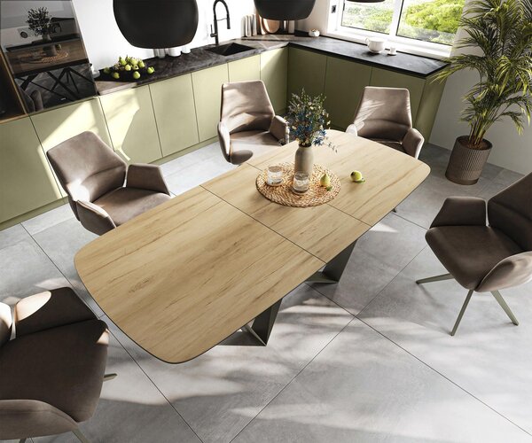 DELIFE Étkezőasztal Edge hajóformájú 180-220x100 cm Laminam® Sabbia kerámia tölgyszínű Spider fém titán színű effektlazúr bővíthető