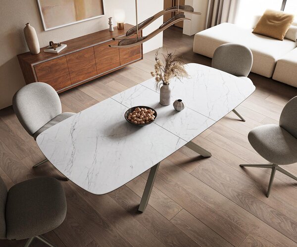DELIFE Étkezőasztal Edge hajóformájú 180-220x100 cm Laminam® Statuarietto kerámia fehér kereszt láb téglalap alakú titán színű effekt finish kihúzható
