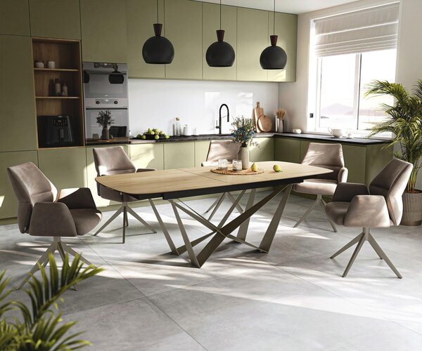 DELIFE Étkezőasztal Edge hajóformájú 180-220x100 cm Laminam® Sabbia kerámia tölgyszínű Spider fém titán színű effektlazúr bővíthető