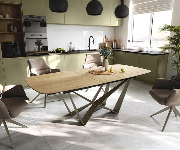 DELIFE Étkezőasztal Edge hajóformájú 180-220x100 cm Laminam® Sabbia kerámia tölgyszínű Spider fém titán színű effektlazúr bővíthető