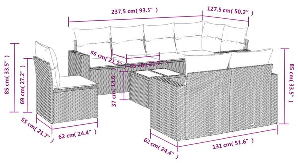 VidaXL Polyrattan Kerti Ülőgarnitúra - 9 részes - Világosszürke
