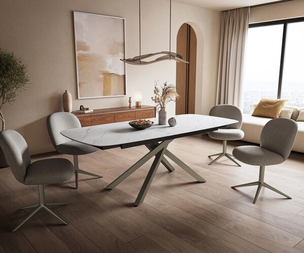DELIFE Étkezőasztal Edge hajóformájú 180-220x100 cm Laminam® Statuarietto kerámia fehér kereszt láb téglalap alakú titán színű effekt finish kihúzható