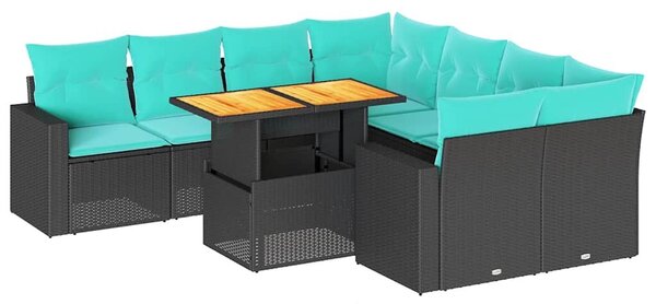 VidaXL Kerti bútor szett párnákkal, 9 darabos, fekete, polirattan