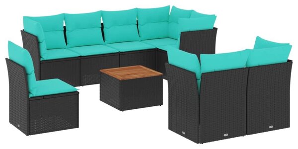 VidaXL 9 részes fekete polyrattan kerti ülőgarnitúra párnával