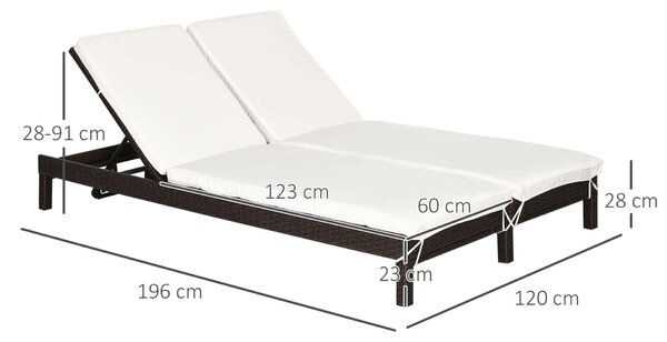 Outsunny Nyugágy matraccal, 2 férőhelyes, Állítható háttámla, Kapacitás 220 kg, 195x120x28 cm, Barna / Fehér