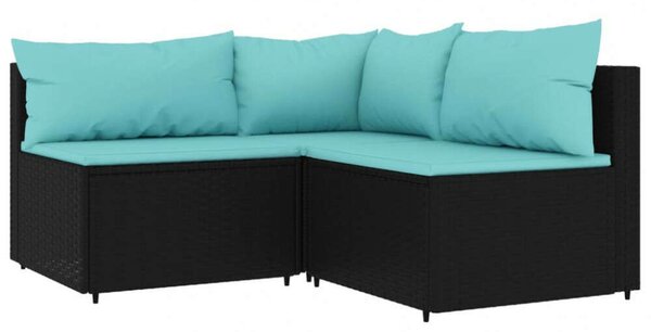 VidaXL 3 részes fekete polyrattan kerti ülőgarnitúra párnákkal