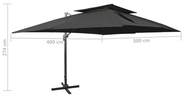 VidaXL fekete dupla tetejű konzolos napernyő 400 x 300 cm