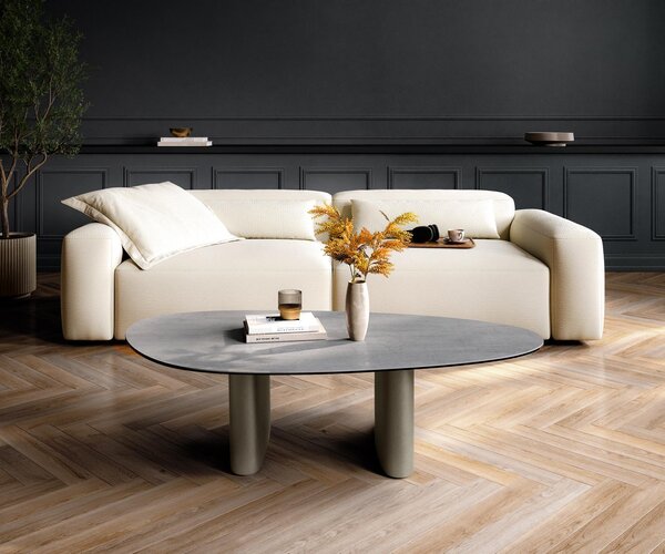 DELIFE Dohányzóasztal Edge ovális 140x75 cm kerámia beton szürke ovális titán színű effektfinish