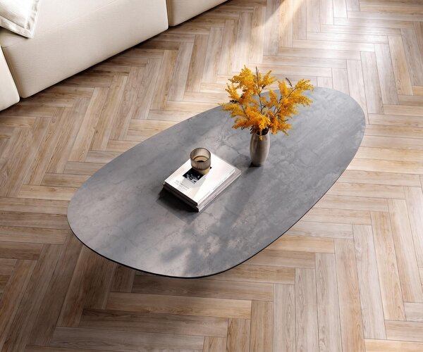 DELIFE Dohányzóasztal Edge ovális 140x75 cm kerámia beton szürke ovális titán színű effektfinish