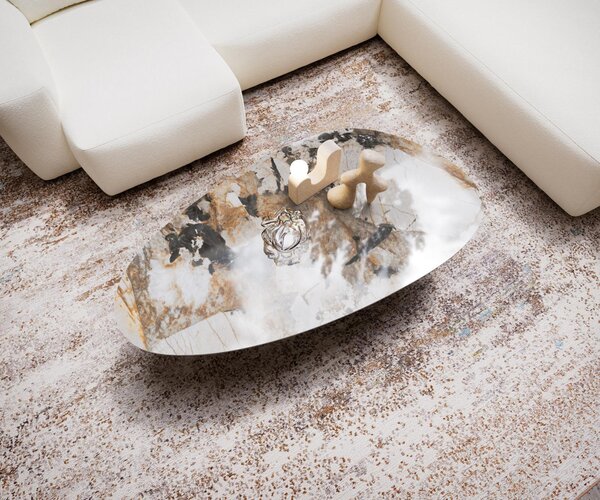 DELIFE Dohányzóasztal Edge ovális 140x75 cm kerámia patagonia polírozott vibány fém titán színű effektfinish