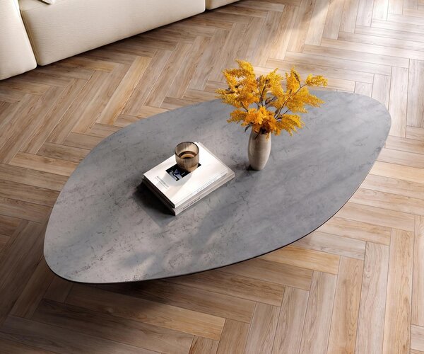 DELIFE Dohányzóasztal Edge organikus 140x76 cm kerámia beton szürke Sarity rozsdamentes acél szálcsiszolt