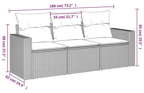 VidaXL 3 részes fekete polyrattan kerti ülőgarnitúra párnával