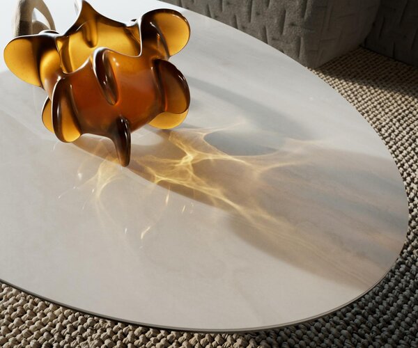 DELIFE Dohányzóasztal Edge ovális 135x80 cm kerámia ónix pezsgő conis rozsdamentes acél szálcsiszolt
