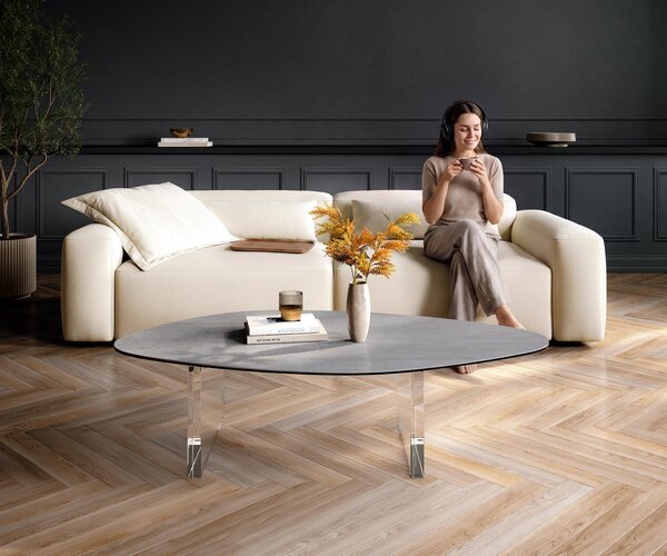 DELIFE Dohányzóasztal Edge organikus 140x76 cm kerámia beton szürke Lumia akril