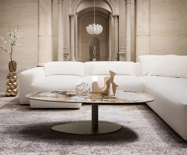 DELIFE Dohányzóasztal Edge ovális 140x75 cm kerámia patagonia polírozott vibány fém titán színű effektfinish