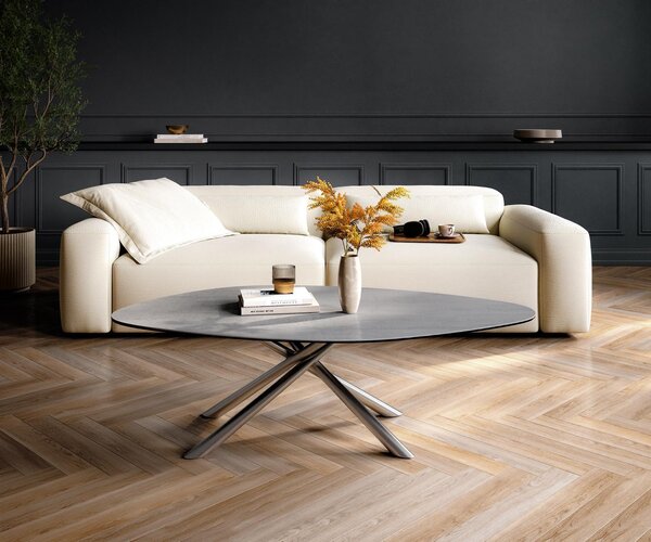 DELIFE Dohányzóasztal Edge organikus 140x76 cm kerámia beton szürke Sarity rozsdamentes acél szálcsiszolt