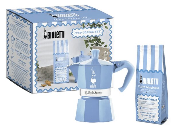 Bialetti Moka Express kotyogós kávéfőző, kék+Mandulás őrölt kávé, 250g (5409)