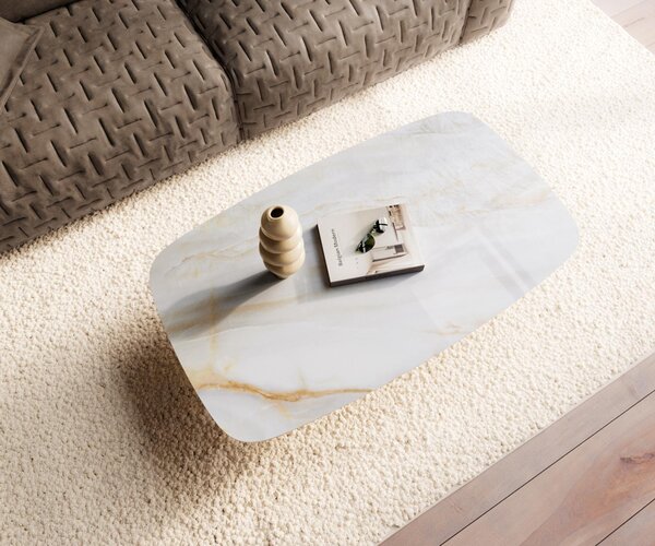 DELIFE Dohányzóasztal Edge hajóformájú 120x70 cm kerámia onyx gyöngyház Salto fém titán effektfinish
