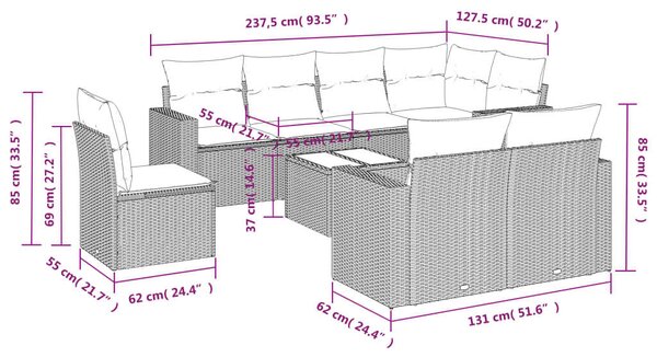 VidaXL Polyrattan Kerti Ülőgarnitúra - 9 részes - Fekete