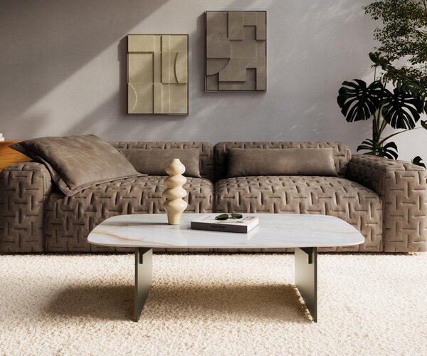DELIFE Dohányzóasztal Edge hajóformájú 120x70 cm kerámia onyx gyöngyház Salto fém titán effektfinish