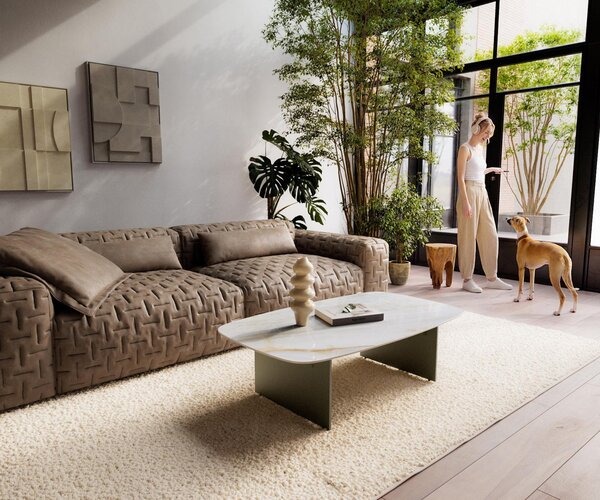 DELIFE Dohányzóasztal Edge hajóformájú 120x70 cm kerámia onyx gyöngyház Salto fém titán effektfinish