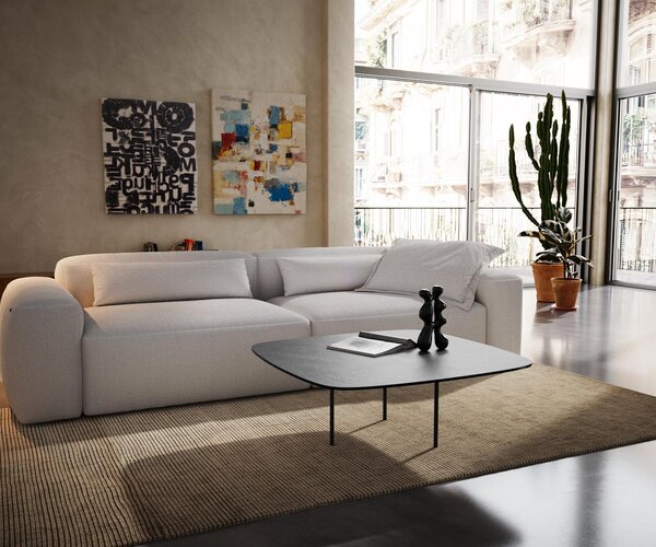 DELIFE Dohányzóasztal Edge hajóformájú 90x90 cm kerámia beton szürke Trive rozsdamentes acél szálcsiszolt