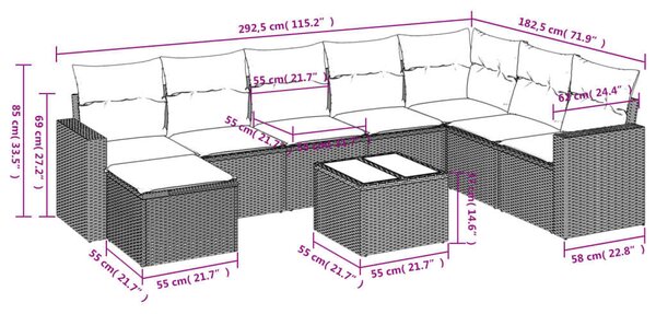 VidaXL Polyrattan Kerti Ülőgarnitúra - 9 részes - Fekete