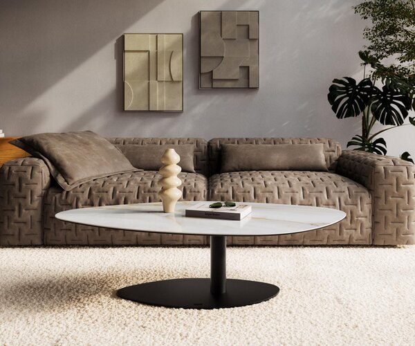 DELIFE Dohányzóasztal Edge organikus 140x76 cm kerámia ónix gyöngyház vibány fém fekete