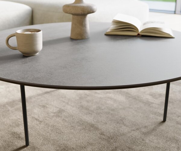 DELIFE Dohányzóasztal Edge kerek 100x100 cm kerámia beton szürke Trive fém fekete