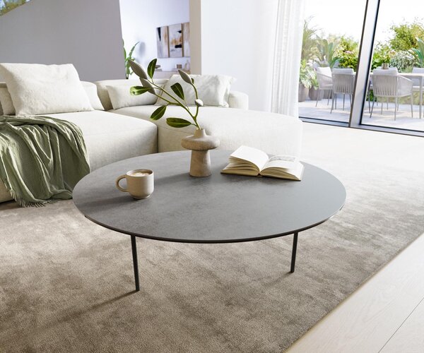 DELIFE Dohányzóasztal Edge kerek 100x100 cm kerámia beton szürke Trive fém fekete