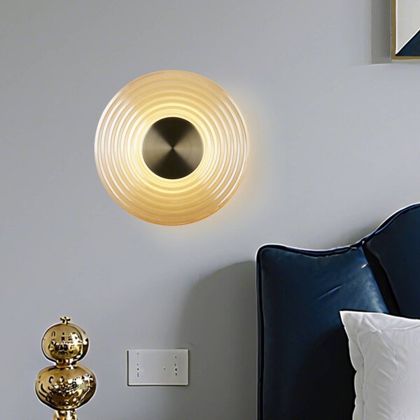 Searchlight LED fali lámpa Cleo, borostyán-/sárgaréz színű, Ø 30 cm, üveg, dimmelhető, Krém / borostyánsárga, Nappali / Étkező, Üveg, Modern