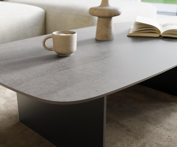 DELIFE Dohányzóasztal Edge hajóformájú 120x70 cm kerámia beton szürke Salto fém fekete