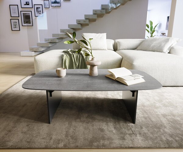 DELIFE Dohányzóasztal Edge hajóformájú 120x70 cm kerámia beton szürke Salto fém fekete