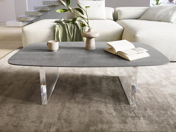 DELIFE Dohányzóasztal Edge hajóformájú 120x70 cm kerámia beton szürke Lumia akril