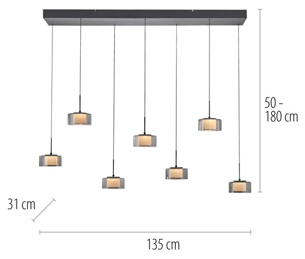 Paul Neuhaus Rika LED-es függőlámpa, 135 cm, üveg, fényerőszabályzóval,, dimmelhető, Fekete, Nappali / Étkező, Üveg, Modern
