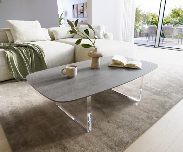 DELIFE Dohányzóasztal Edge hajóformájú 120x70 cm kerámia beton szürke Lumia akril