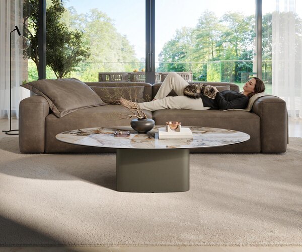 DELIFE Dohányzóasztal Edge ovális 135x80 cm kerámia patagonia polírozott ovada titán effektfinish