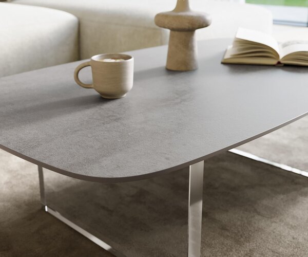 DELIFE Dohányzóasztal Edge hajóformájú 120x70 cm kerámia beton szürke Lumia akril