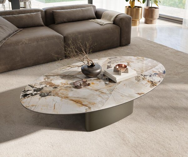 DELIFE Dohányzóasztal Edge ovális 135x80 cm kerámia patagonia polírozott ovada titán effektfinish