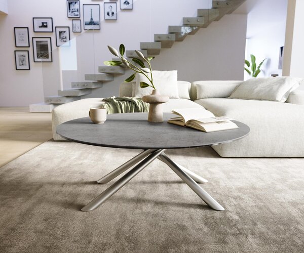 DELIFE Dohányzóasztal Edge kerek 100x100 cm kerámia beton szürke Sarity rozsdamentes acél szálcsiszolt