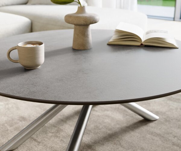 DELIFE Dohányzóasztal Edge kerek 100x100 cm kerámia beton szürke Sarity rozsdamentes acél szálcsiszolt